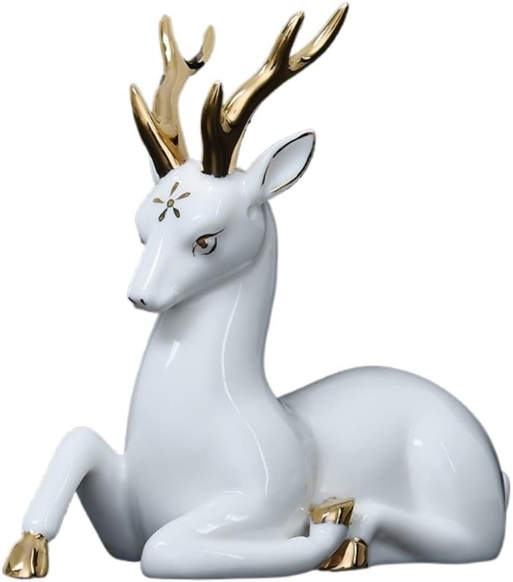 Desktop Decoration Ceramic Sika Deer Desktop Decoration Car Furnishings Living Room Entrance Crafts White Garden Decoration Sculptures Home Decor(B)