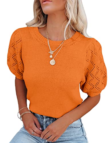 Image of Womens Short Sleeve Sweaters Crewneck Knit Pullover Tops 2025 Summer Casual Lightweight Crochet Blouse Shirt