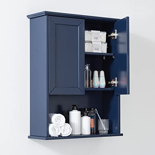 Navy Blue Bathroom Cabinet Wall Mounted with 2 Doors and Adjustab...