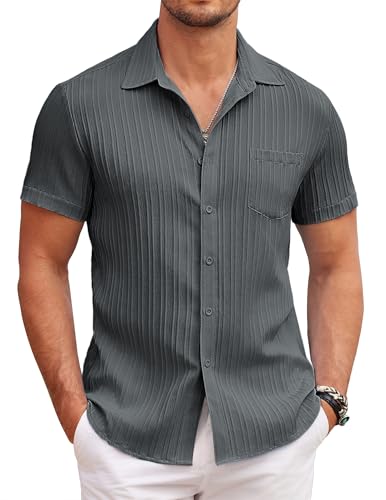 COOFANDY Herren Sommer Kurzarm Hemden Casual Textured Freizeithemd Regular Fit Sommmer Strand Beach Shirt mit Tasche Dunkelgrau M