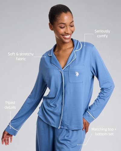 Image of U.S. POLO ASSN. Womens Lightweight Notch Collar Pajama Set | Classic Button Down Pajamas for Women with Long Sleeve Top and Pajama Pants