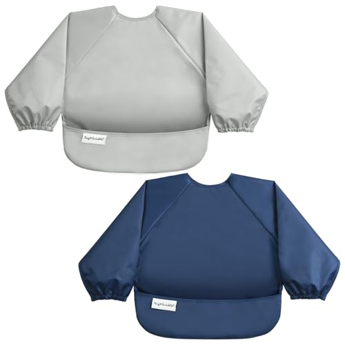 Image of Tiny Twinkle Long Sleeve Bib for Babies & Toddlers | 2-Pack Waterproof Smock Bib for Eating | Machine Washable & Mess-Proof Feeding Essentials | Newborn Shower Gift (Grey Indigo,6–24M)