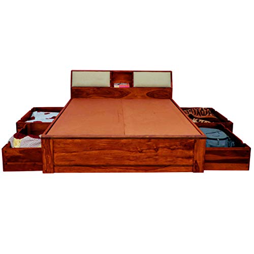 Image of APRODZ Sheesham Wood Allure Bed with Storage (King Size, Honey Finish)