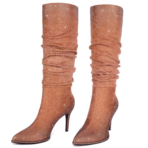 Womens Rhinestone Knee High Boots Sparkly Slouchy Tall Boots Pointed Toe High Heel Wide Calf Glitter Stiletto Boot for Women4