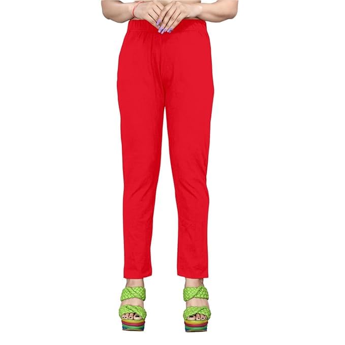 Image of Women's Solid Cotton Lycra Pants-High Waist Slim Fit Stretchable Leggings - Comfortable Long Trousers for Casual, Office & Everyday Wear