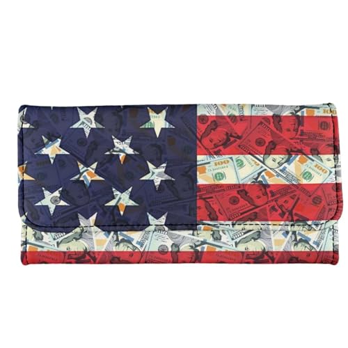 Image of AFPANQZ Large Capacity Women Purse Portable Handbag Purses, American Flag Dollar Womens Card Purse with Zipper Multifunctional Handbags RFID Blocking Checkbook Wallet