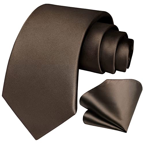 HISDERN Cravate Homme Marron Cravate et Mouchoir de poche Set - Travail Fête Mariage Cravates Soie avec Boîte Couleur Unie Cadeau pour hommes Saint Valentin,Marron