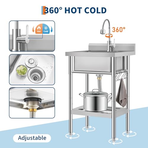 Image of Garvee Stainless Steel Utility Sink with Faucet & Storage Shelf, 304 Single Bowl Freestanding Sink with Adjustable Legs, S-Hooks, Hot & Cold Water Pipes for Kitchen, Laundry, Garage, Farm, Outdoor Use