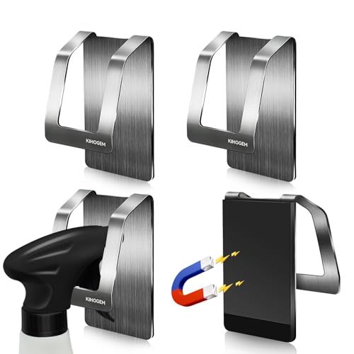 KIHOGEM Magnetic Spray Bottle Hanger, Stainless Steel Spray Bottle Holder with Strong Magnetic Backing for Refrigerator Grill RV (4pcs)