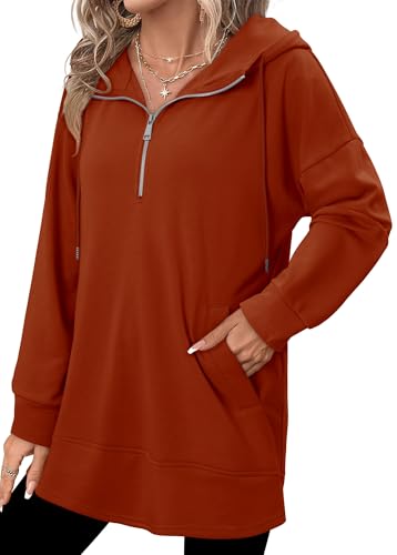 onlypuff Women Hoodie Pullover Trendy Quarter Zipper Lapel Sweatshirts Drawstring Cute Hooded Tunic Tops with Side Pockets