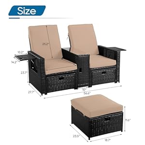 5pcs outdoor wicker chaise lounge chair rattan adjustable reclining patio lounge chair with ottoman and coffee table for patio beach pool backyard black wicker khaki cushion  urban country home decor