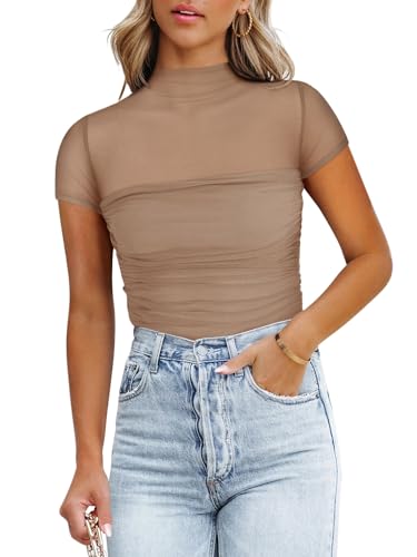 Image of REORIA Women's Sexy Mock Turtle Neck Short Sleeve Shirts Sheer Mesh Ruched Trendy Going Out Bodysuits Tops