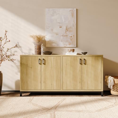 YGHQAP Cómoda moderna para salón, aparador, 160 cm de ancho, aspecto de madera, con gran encimera, 4 puertas y patas de metal, aparador, armario auxiliar para salón, comedor y cocina, 160 x 35 x 80 cm