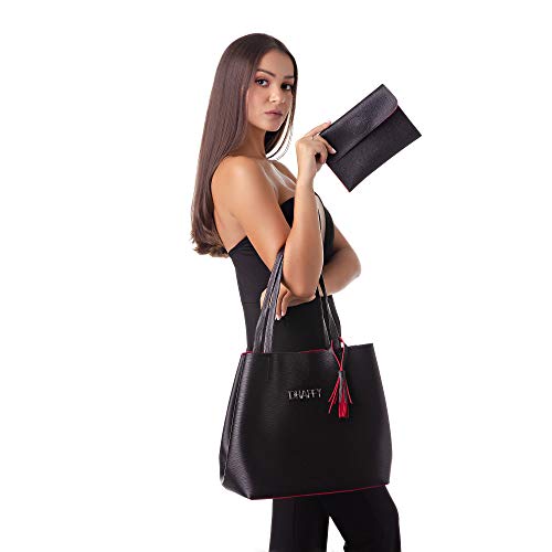 Bolsa Feminina Dhaffy Preto com Vermelho, Saco, Acompanha Necessaire. cor:vermelho;tamanho:G