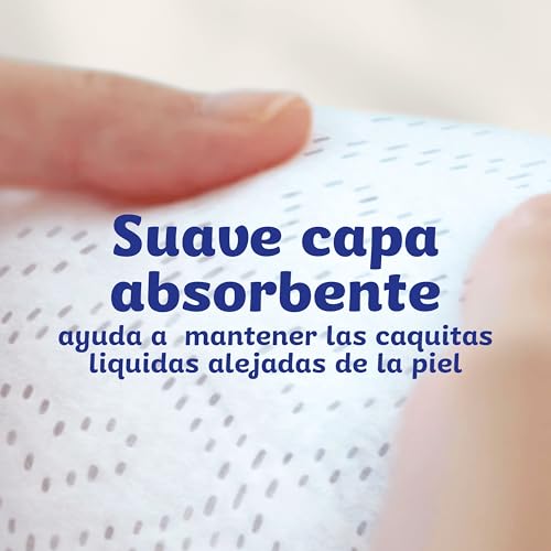Cerca de la suave capa absorbente de los pañales Dodot que ayuda a mantener las caquitas líquidas alejadas de la piel del bebé