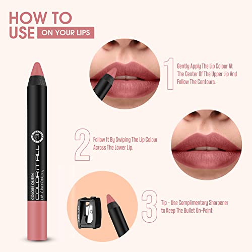 Image of Colors Queen Color It All Long Lasting Pack of 3 & Get 1 Free Crayon Lipstick Combo | Up to 18 Hours Stay | Matte Finish | Water, Smudge Proof (Hot Red, Plum House, Plum Pick & Nude Bomb,3.5g)