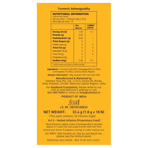 Image of VAHDAM Turmeric Ashwagandha Infusion - 36 Bags | Helps Manage Daily Stress | Individually Wrapped Eco-Friendly Bags | With Lemongrass, Licorice & Black Pepper