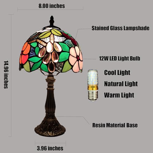 Image of Tiffany Table Lamp 3-Way Tiffany Style Desk Lamp Small Stained Glass Lamp Antique Light Home Bedroom Bedside Lamp Retro Reading Decoration Lamps (Grapes Flowers Style)