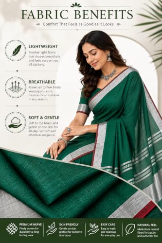Image of HAIDER ALI AND SONS Grey Cotton Linen Saree for Women | Soft Linen Slub Blend Saree with Running Blouse Piece | Lightweight Handloom Style Saree | Office, Casual, Party & Festival Wear