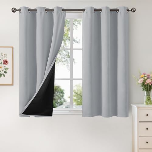 YoungsTex Short 100% Blackout Curtains 48 Inches Long for Bedroom Window, Thermal Insulated Black Out Drapes with Grommet Privacy for Bathroom Living Room, Light Grey, 42 X 48 Inch, 2 Panels