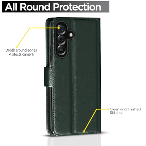 Image of Pikkme Flip Cover for Samsung Galaxy M17 5G / A17 5G / F17 5G Leather Finish | Inside TPU with Card Pockets | Wallet Stand and Shock Proof | Complete Protection Flip Case(Green)