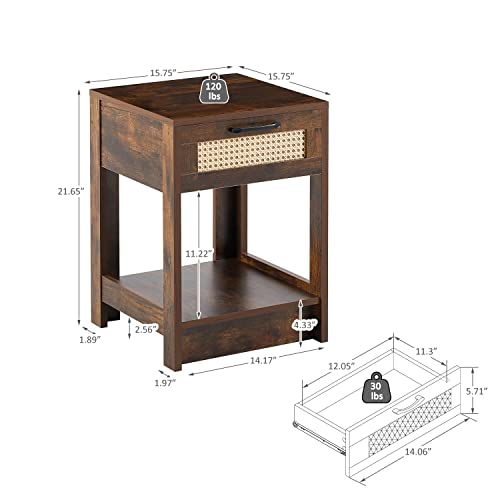 Rustic Brown 15.75" Rattan End Table with Drawer