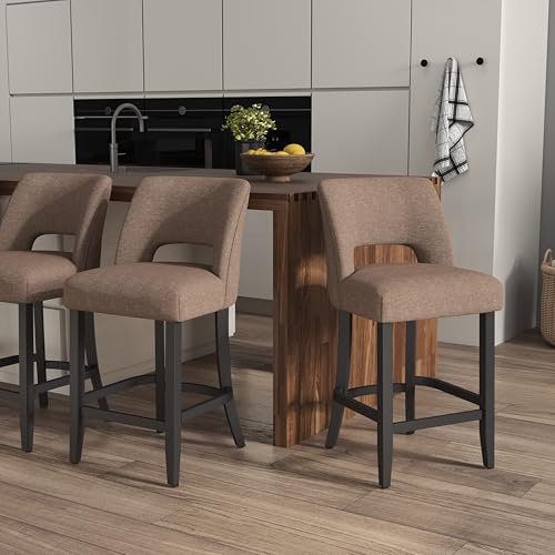 Image of VKNOW Bar Stools Set of 4, 26 inch Upholstered Counter Height Bar Stools | Modern Counter Stools with Black Rubberwood Legs for Kitchen Island Dining Room Bar, Brown-Black Legs