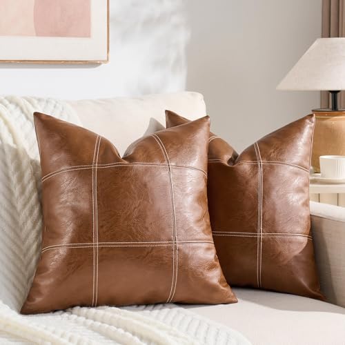 Fancy Homi 2 Packs Boho Brown Waterproof Faux Leather Decorative Throw Pillow Covers 18x18 Inch for Couch Bed Sofa Modern Farmhouse Home Decor Hand Stitched Accent Square Cushion Case 45x45 cm
