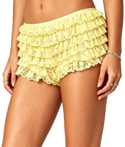 Image of Yiulangde Women Lace Bloomers Layered Ruffle Mini Shorts Y2k Pettipants | Shorts Women,Lolita Ruffled Bloomer Shorts for Under Skirts,Fluffy Booty Shorts,Rave Boy Short Panties,Going out Bottoms