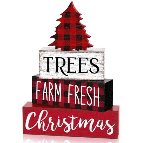 Marsui 4 Pcs Christmas Wooden Tabletop Decor Neutral Christmas Decor Rustic xmas Tree Block Sign Buffalo Plaid Table Centerpiece for Home Office Desk Tiered Tray Farmhouse Decorations
