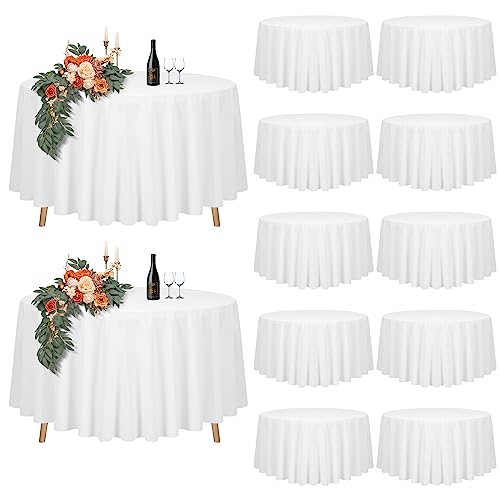 Teruntrue Lot de 12 Nappe Ronde Blanche Tissu de 228cm, Lavable Nappes pour Tables Ø90-180 cm,Grande Nappe Ronde en Polyester pour Fête Mariage Buffet...