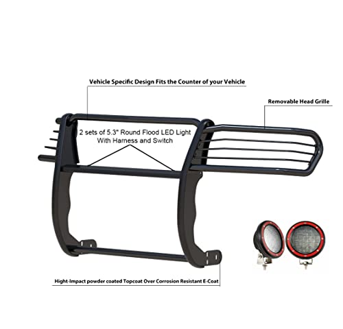 Image of Black Horse Grille brush Bumper Guard Modular Black Come With Pair of 5.3 inch Dia.LED Lights with Red Trim Rings Compatible with 2010-2018 Ram 2500|2011-2018 Ram 3500-17DR01MA-PLFR