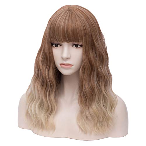 Women Ombre Blonde Wigs with Bangs Natural Wave Middle Length Curly Heat Resistant Synthetic Wig