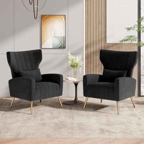 Nalupatio Modern Accent Chairs for Set of 2 Upholstered Velvet Fabric Reading Chair Mid Century Arm Chair Comfy Armchair for Living Room,Black