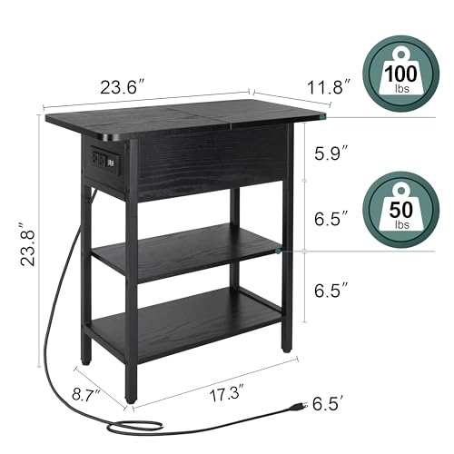 Image of Yoobure End Table with Charging Station, Flip Top Side Table with USB Ports and Outlets, Sofa Couch Table Bedside Table for Living Room Bedroom, Narrow Nightstand with Storage Shelves for Small Space