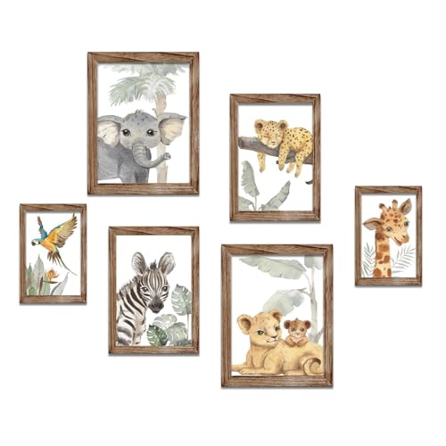 Image of HLJ ART Safari Animal Wall Art Print for Boys and Girls: Jungle Nursery Pictures Framed Set of 6 for Baby Room Decor