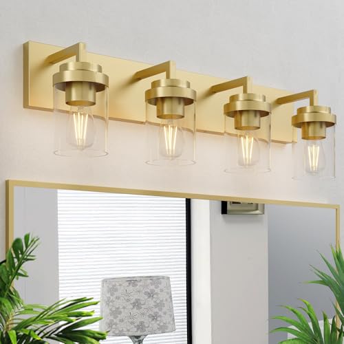 Image of Bathroom Lighting Fixtures, 4-Light Bathroom Vanity Lights Over Mirror, Brass Vanity Light with Glass Shade, Modern Vanity Lighting Fixtures for Bedroom, Hallway