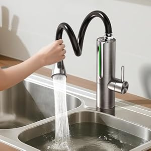 Lovelink Edelstahl Wasserhahn mit Durchlauferhitzer 360° Flexibler Schlauch Farbadaptiv LED Temperaturanzeige Elektrischer Durchlauferhitzer Wasserhahn für Küche/Bad/Balkon (Silber)