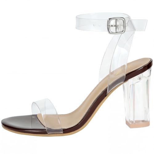 Image of ZriEy Clear Block Sandals Chunky Heels for Women 3.35 Inch Open Toe Adjustable Ankle Strap Pump Sandals for Weddings Parties Daily Wear