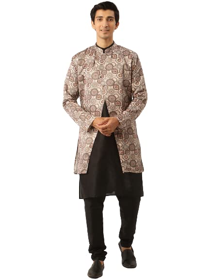 Image of SOJANYA (Since 1958 Men's Silk Blend Black Kurta Pyjama & Sherwani Set