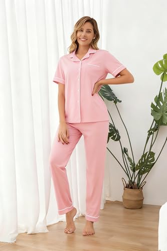 Image of 100% Cotton Pajama Sets for Women 2 Piece Long Sleeve Button Down Pjs Soft Comfy Ladies Sleepwear Lounge Sets S-XL