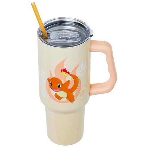 Image of Silver Buffalo Pokemon Featuring Charmander Stainless Steel Tumbler with Handle, Fits in Standard Cup Holder, 40 Ounces