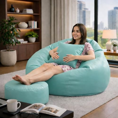 Image of 4XL Tear Drop Bean Bag with Footrest & Cushion | Premium Leatherette Bean Bag Cover | XXXXL Lounger Chair for Living Room | Without Beans | Upto 150 Kg (Aqua, XXXXL)