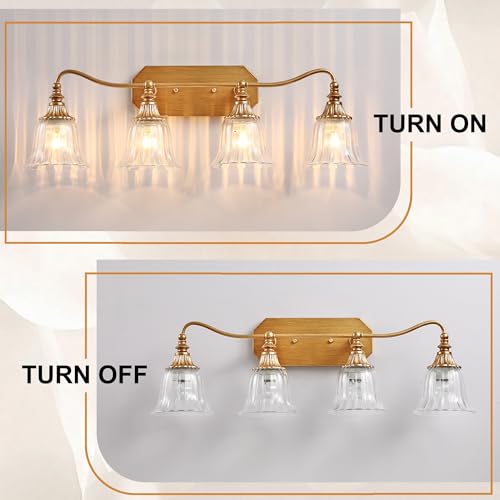 Image of LmnLvn Brushed Gold 4-Light Bathroom Light Fixture, Crystal Glass Shade