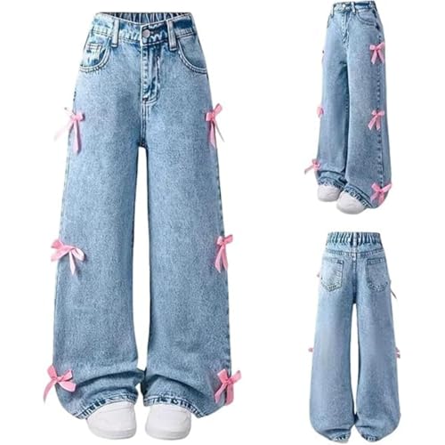 Baggy Jeans for Girls - Wide Leg Teen Girls Cute Bow Jeans Tween Girl Trendy Preppy Clothes Clean Girl Kids Outfits 6-14Y