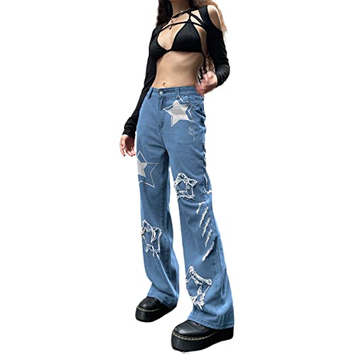 Owegvia Donne Y2K Star Print Jeans Gamba Larga Larghi Gamba Dritta Pantaloni Denim Indie Estetica Vita Bassa Cargo Jean Pantaloni Allentati, Blue-01., S