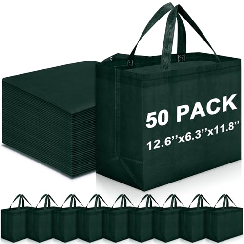 Windyun Reusable Grocery Bags Non Woven with Handles, Dark Green, 50 Pcs