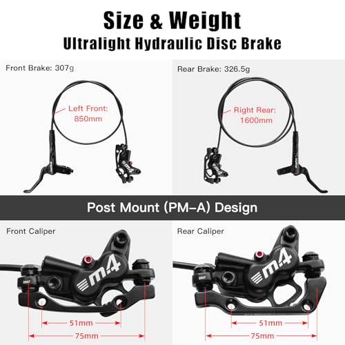 Foto von 4-Piston MTB Hydraulic Brake Set, Left Front 800mm and Right Rear 1400mm Hydraulic Disc Brake Kit with PM/IS Adapter, Fits for eBike, Mountain Bike and BMX