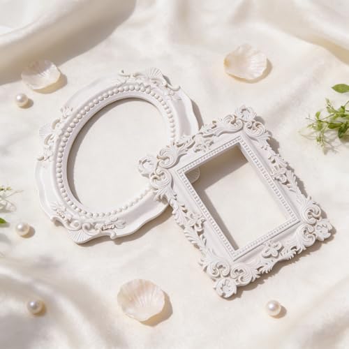 Image of 6 Pcs Mini Frames, White Small Vintage Picture Frames Antique Resin Photo Frame for DIY Craft Galley Wall Hanging Jewelry Display Shooting Photo Props Christmas Decor (Without Backings)