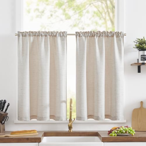 TOPICK Rideaux Cuisine Court Brise Bise, Beige 90L x 90H(cm) 2 Panneaux à Passe Tringle Petit Rideau, pour Fenêtre Placard Meuble Bas Chambre Cache Evier,...